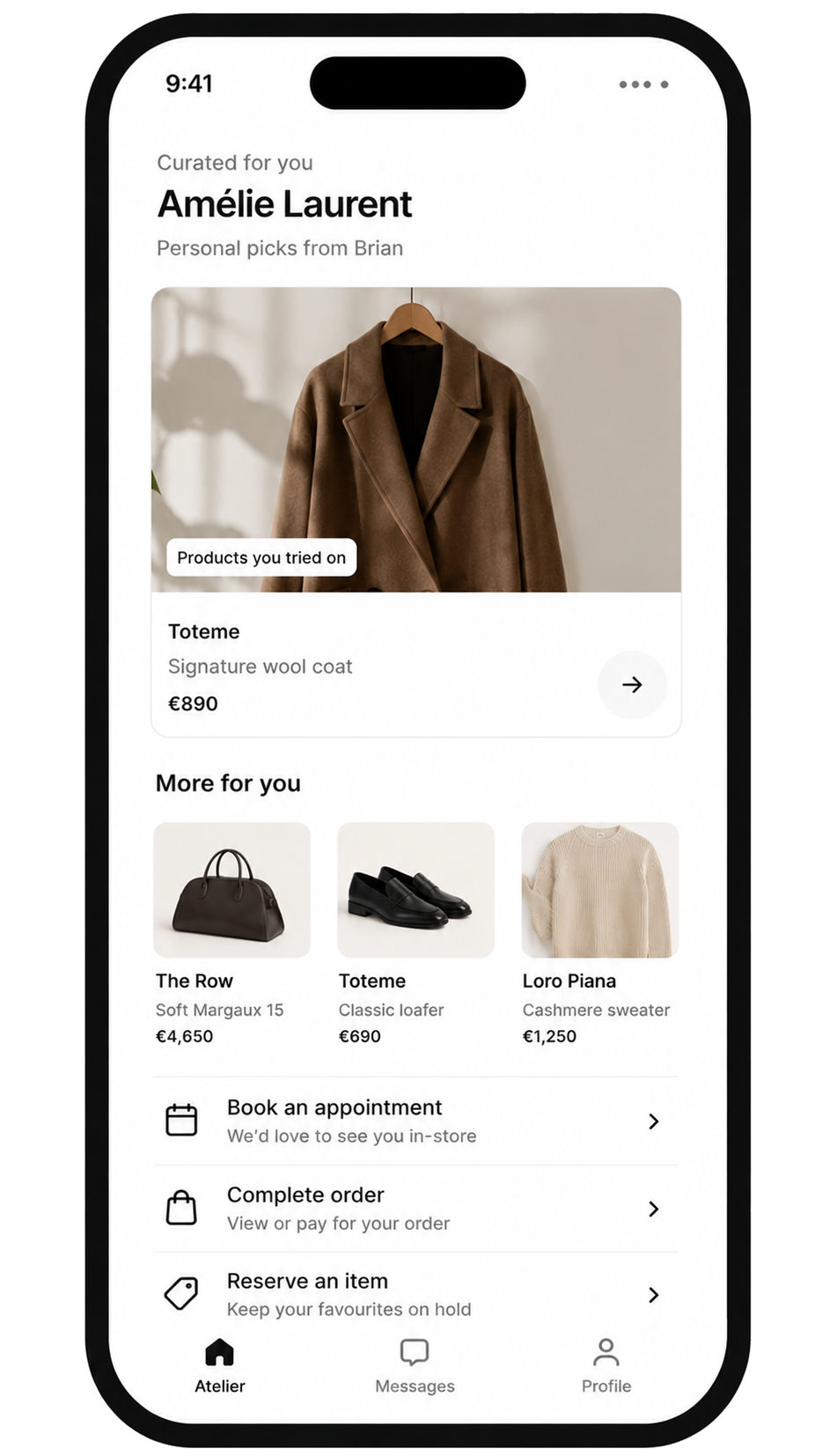 Atelier on a phone showing a personalized Curated For You page for a customer